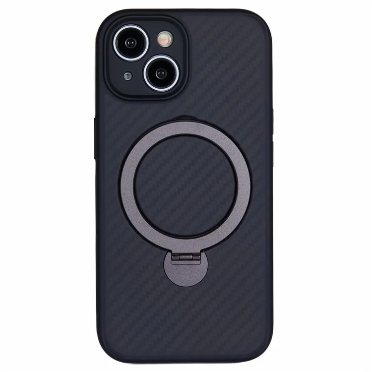 Coque pour iPhone 15 en TPU+PC avec texture fibre de carbone et support magnétique rotatif