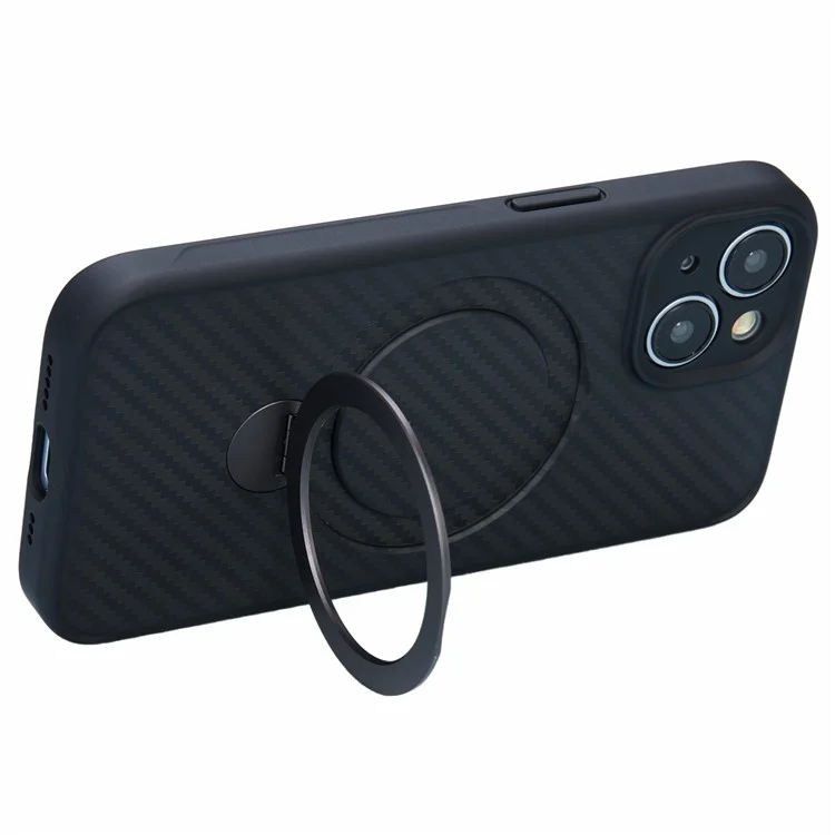 Coque pour iPhone 15 en TPU+PC avec texture fibre de carbone et support magnétique rotatif