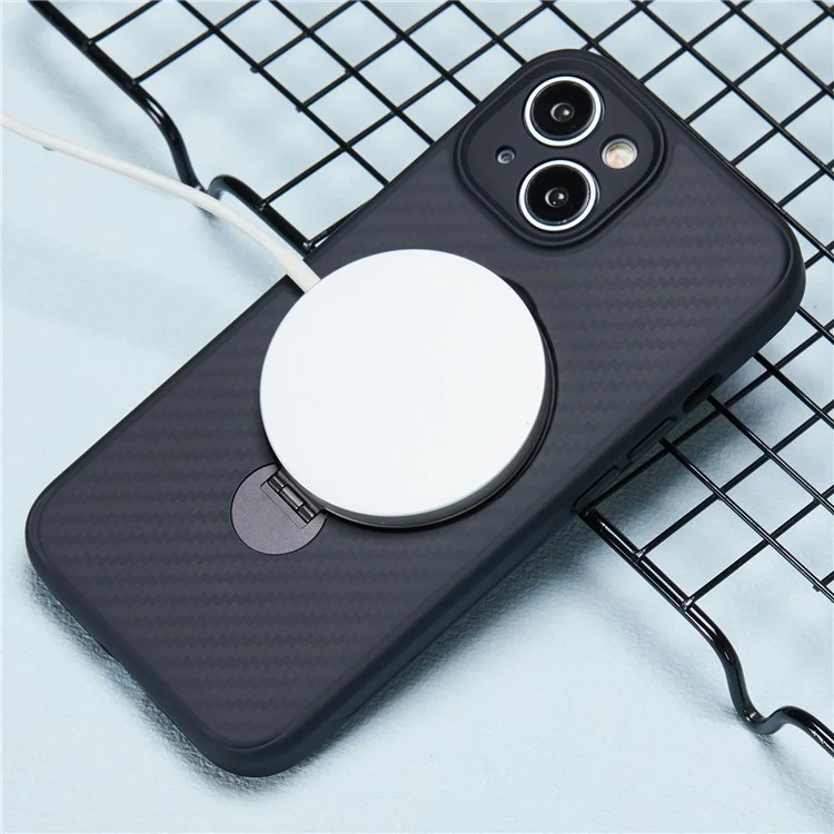 Coque pour iPhone 15 en TPU+PC avec texture fibre de carbone et support magnétique rotatif