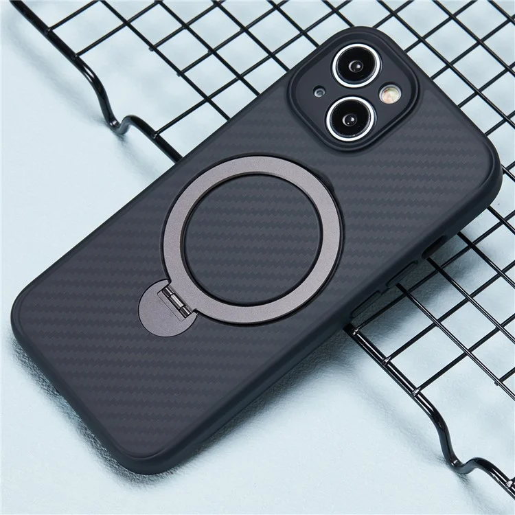 Coque pour iPhone 15 en TPU+PC avec texture fibre de carbone et support magnétique rotatif