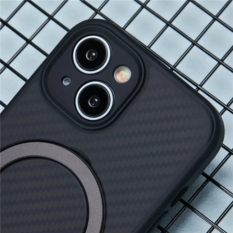 Coque pour iPhone 15 en TPU+PC avec texture fibre de carbone et support magnétique rotatif