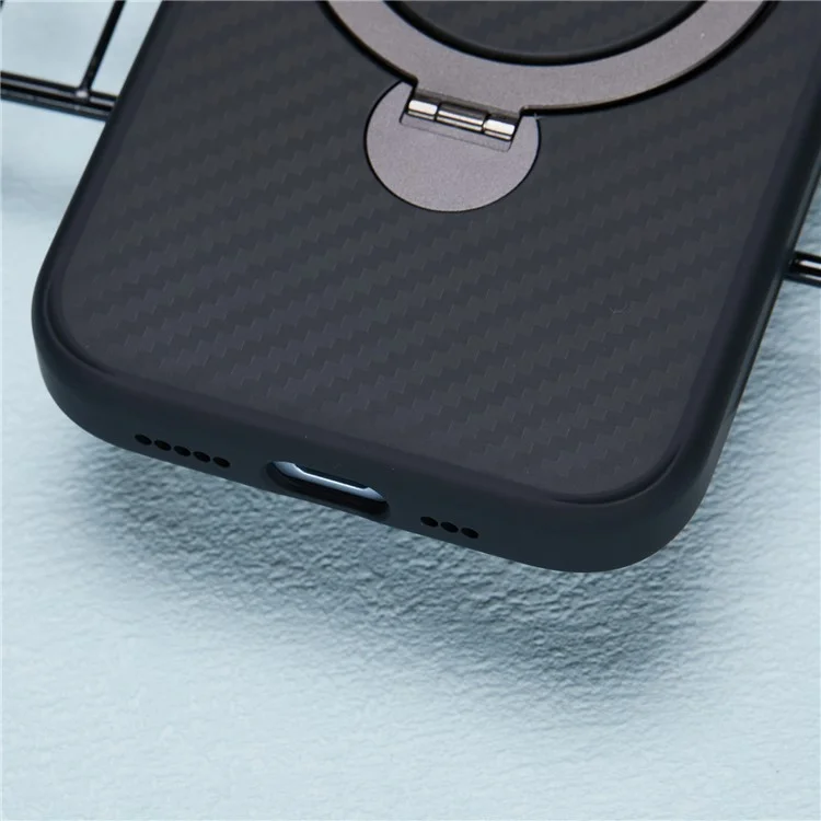 Coque pour iPhone 15 en TPU+PC avec texture fibre de carbone et support magnétique rotatif