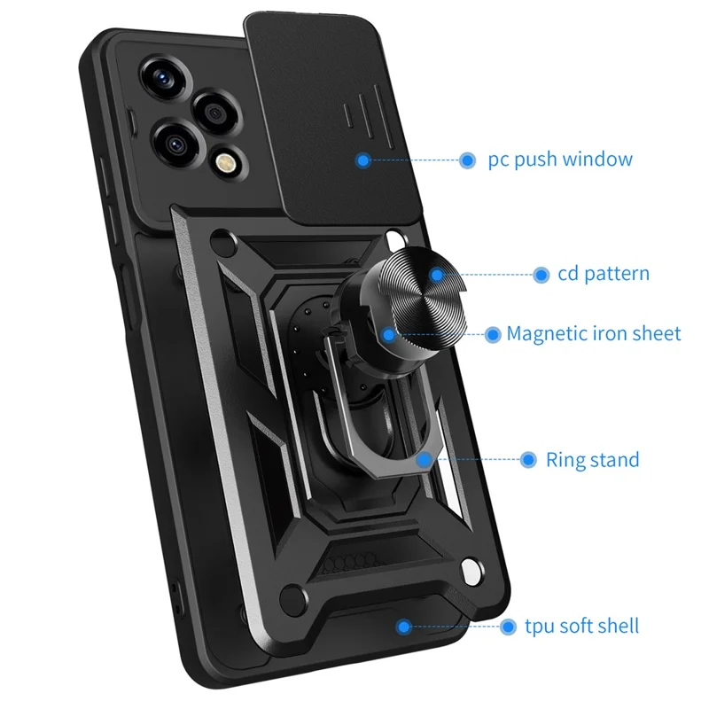 For Honor 200 Lite Case PC+TPU Kickstand Phone Shell with Slide Camera Lid - Silver