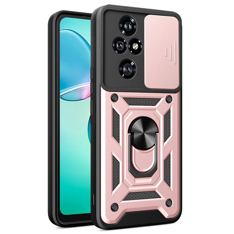 For Honor 200 Pro 5G Kickstand Case PC+TPU Phone Shell with Slide Camera Lid - Rose Gold