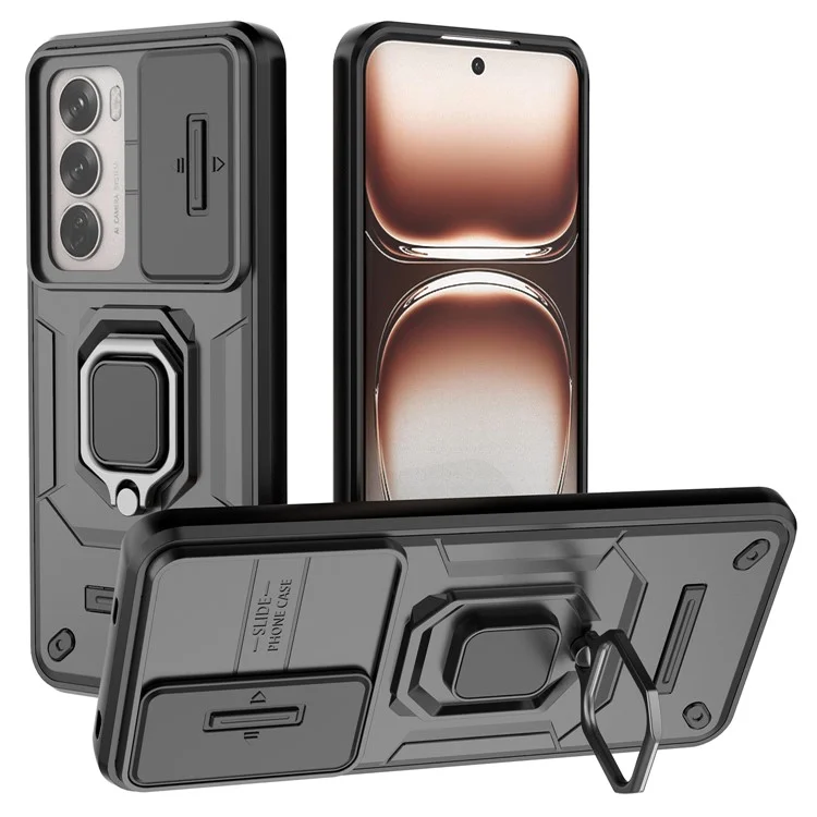 Für Oppo Reno12 5G (Global) Hülle mit Ständer PC+TPU Gehäuse mit Linsenschutz - Schwarz