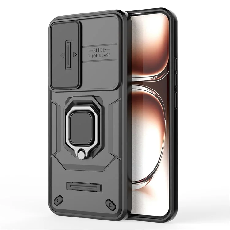 Für Oppo Reno12 5G (Global) Hülle mit Ständer PC+TPU Gehäuse mit Linsenschutz - Schwarz