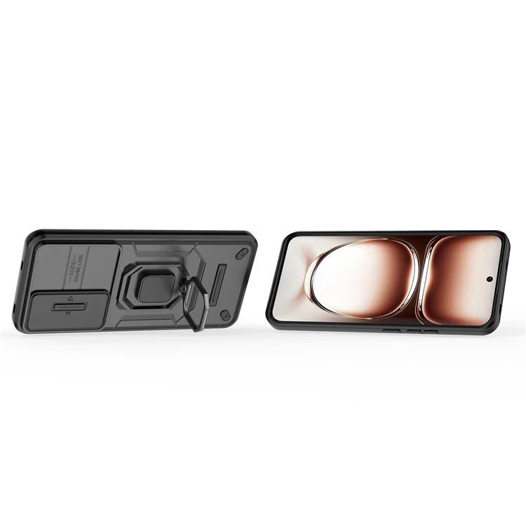 Für Oppo Reno12 5G (Global) Hülle mit Ständer PC+TPU Gehäuse mit Linsenschutz - Schwarz
