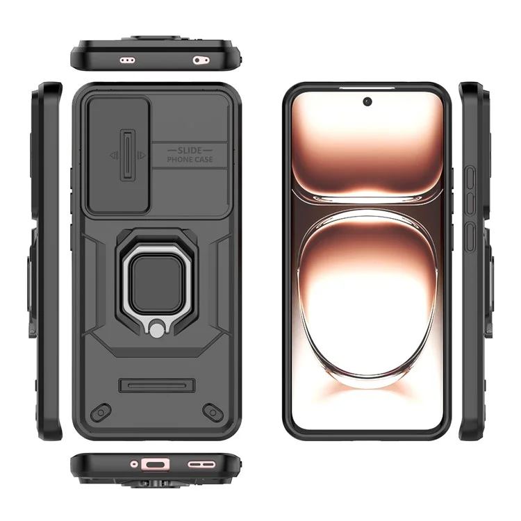 Für Oppo Reno12 5G (Global) Hülle mit Ständer PC+TPU Gehäuse mit Linsenschutz - Schwarz