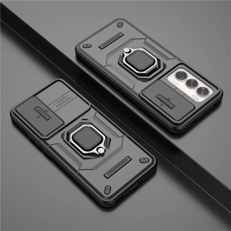 Für Oppo Reno12 5G (Global) Hülle mit Ständer PC+TPU Gehäuse mit Linsenschutz - Schwarz