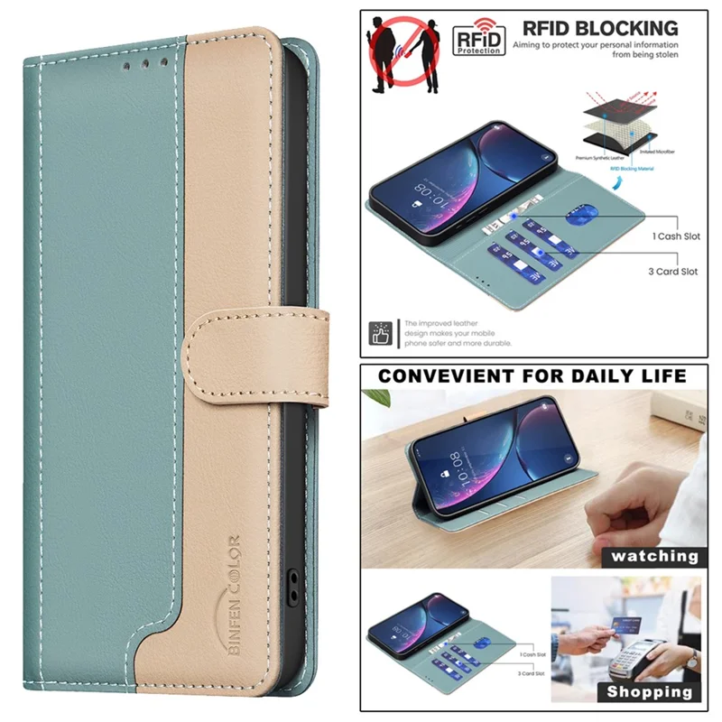 BINFEN COLOR BF33 Per Samsung Galaxy A14 5G / 4G Custodia in pelle PU con blocco RFID Cover telefonica - Verde