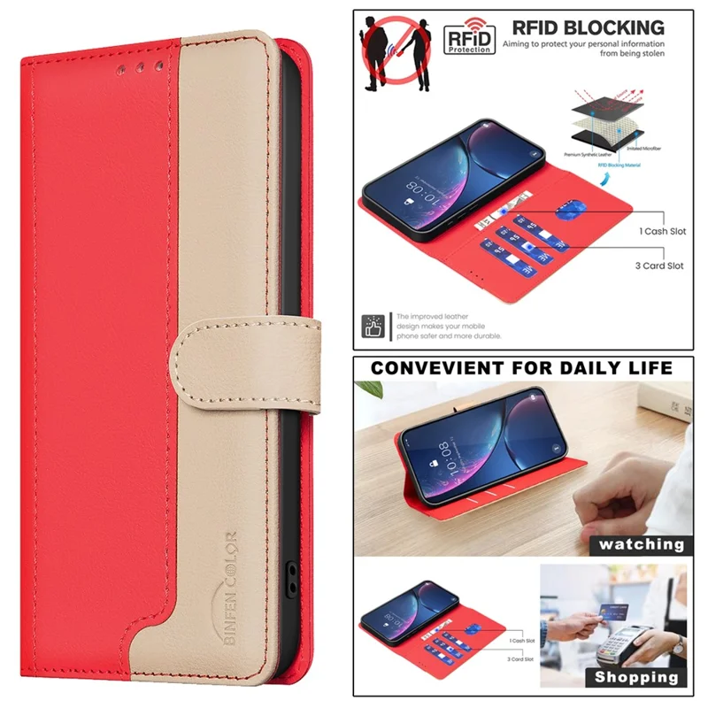 BINFEN COLOR BF33 For Oppo Reno11 F 5G Case Splicing Color PU Leather Phone Cover - Red
