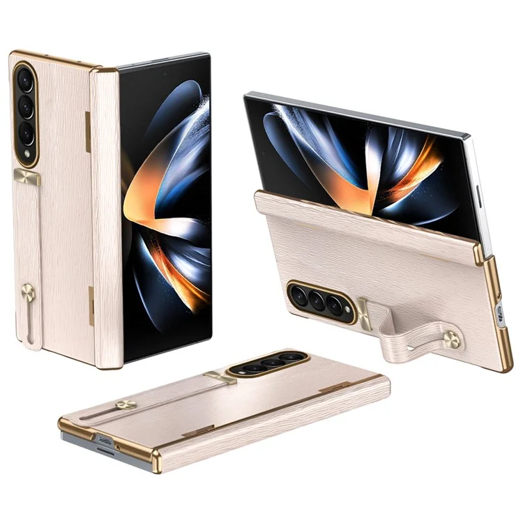 Per Samsung Galaxy Z Fold3 5G Case Kickstand Wrist Band Leather+PC Hard Phone Cover - Rosa