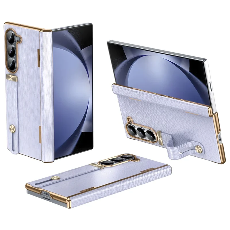 For Samsung Galaxy Z Fold5 5G Case Retractable Wrist Band Leather+PC Folding Phone Cover - Purple