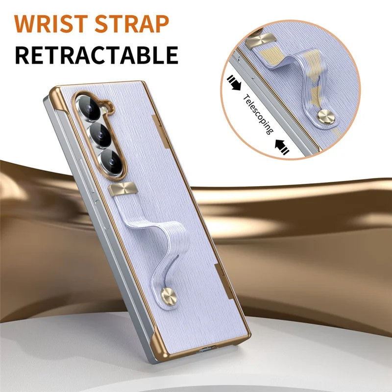 For Samsung Galaxy Z Fold5 5G Case Retractable Wrist Band Leather+PC Folding Phone Cover - Purple