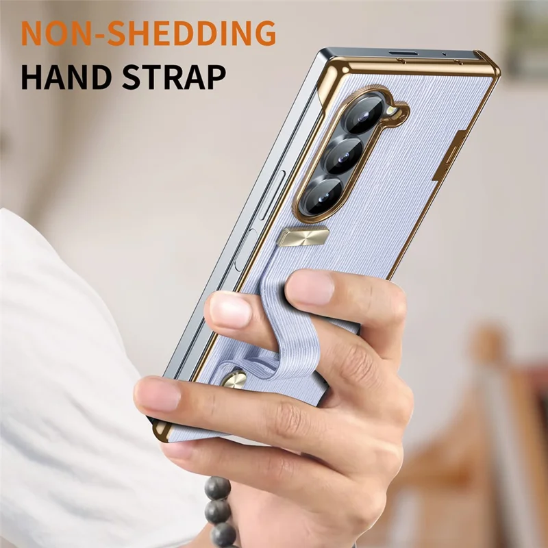 For Samsung Galaxy Z Fold5 5G Case Retractable Wrist Band Leather+PC Folding Phone Cover - Purple