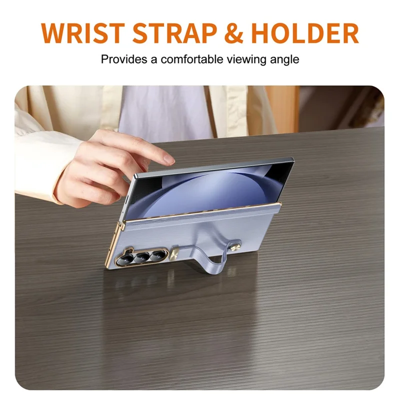 For Samsung Galaxy Z Fold5 5G Case Retractable Wrist Band Leather+PC Folding Phone Cover - Purple