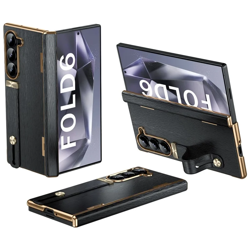 For Samsung Galaxy Z Fold6 5G Case Wrist Band Hinge Protection Leather+PC Phone Cover - Black