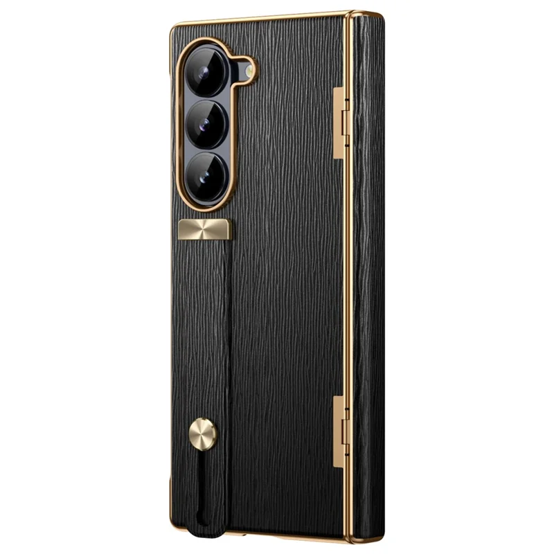 For Samsung Galaxy Z Fold6 5G Case Wrist Band Hinge Protection Leather+PC Phone Cover - Black