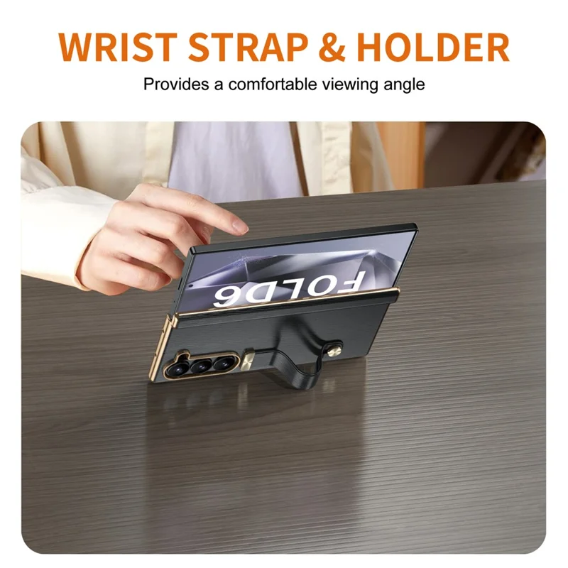 For Samsung Galaxy Z Fold6 5G Case Wrist Band Hinge Protection Leather+PC Phone Cover - Black