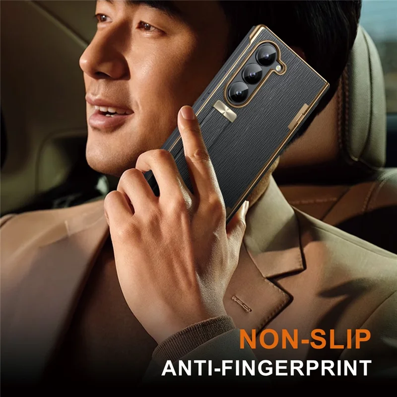 For Samsung Galaxy Z Fold6 5G Case Wrist Band Hinge Protection Leather+PC Phone Cover - Black