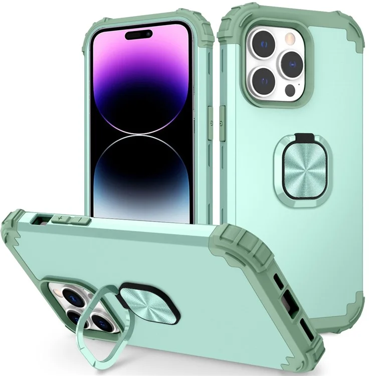 For iPhone 14 Pro Max L-Style Phone Case with Ring Holder Kickstand Protective Phone Back Cover - Green