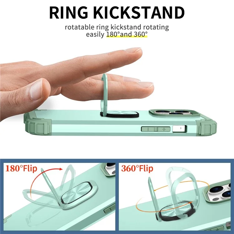 For iPhone 14 Pro Max L-Style Phone Case with Ring Holder Kickstand Protective Phone Back Cover - Green