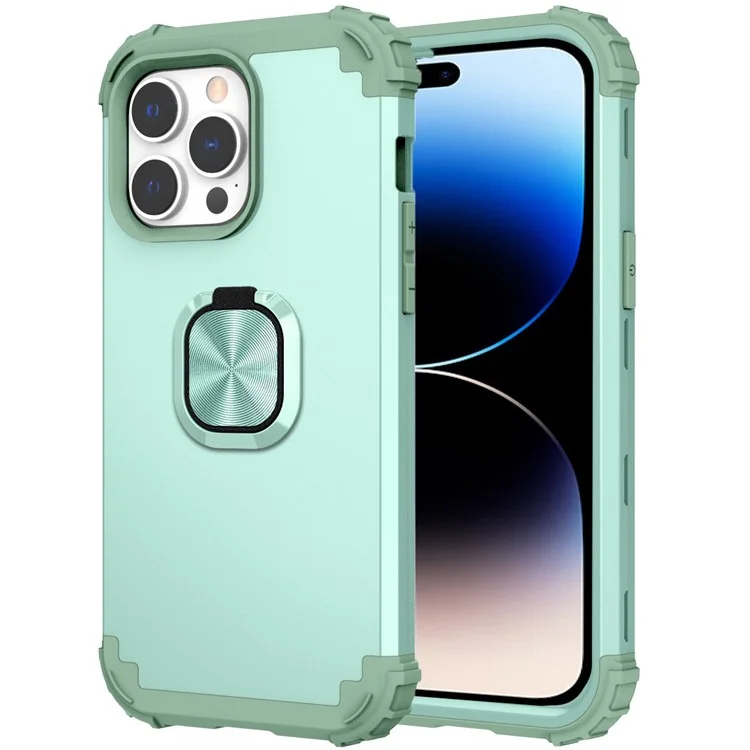 For iPhone 14 Pro Max L-Style Phone Case with Ring Holder Kickstand Protective Phone Back Cover - Green