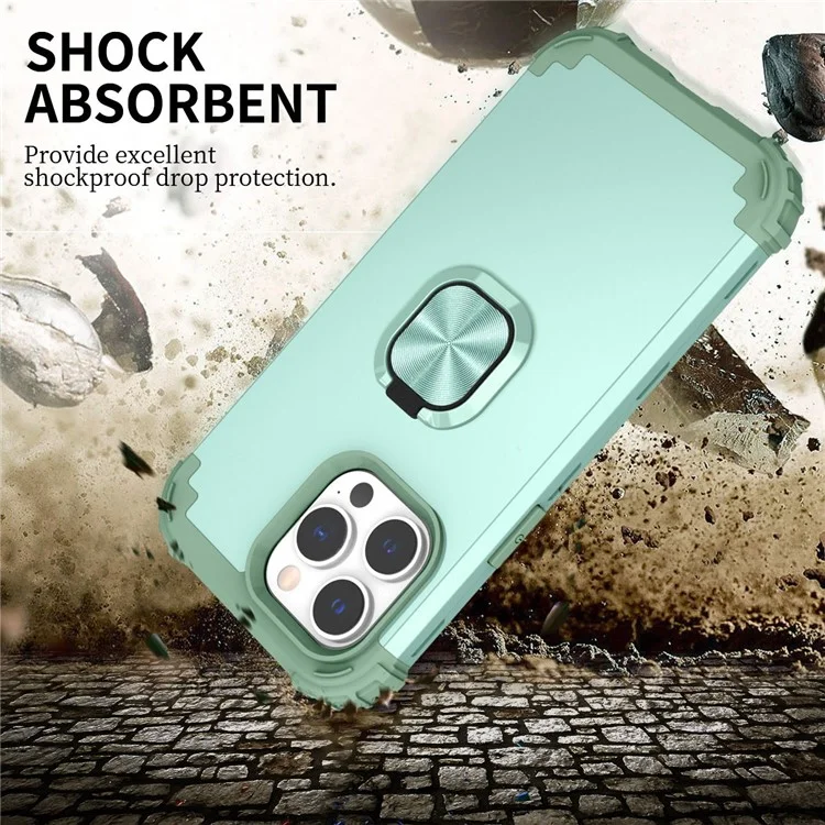 For iPhone 14 Pro Max L-Style Phone Case with Ring Holder Kickstand Protective Phone Back Cover - Green
