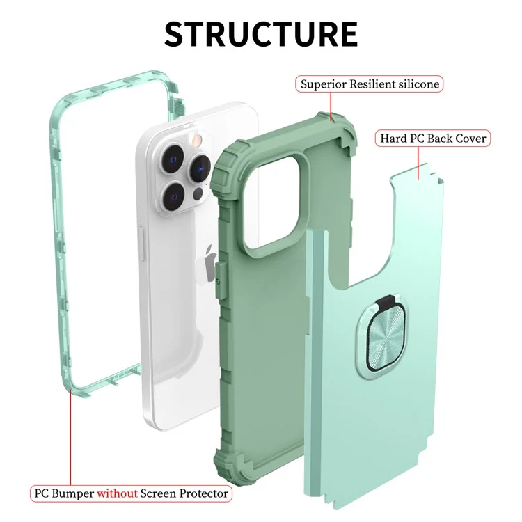 For iPhone 14 Pro Max L-Style Phone Case with Ring Holder Kickstand Protective Phone Back Cover - Green