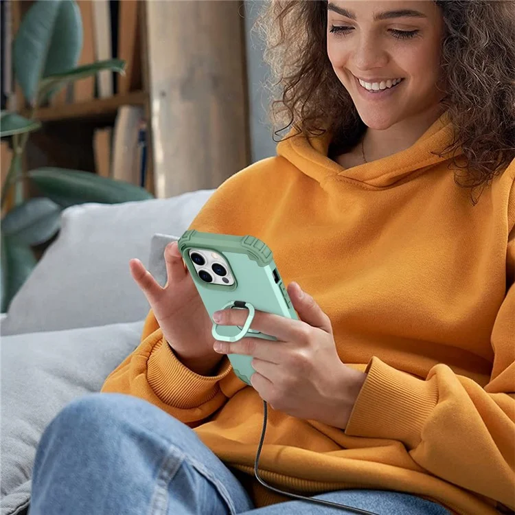 For iPhone 14 Pro Max L-Style Phone Case with Ring Holder Kickstand Protective Phone Back Cover - Green