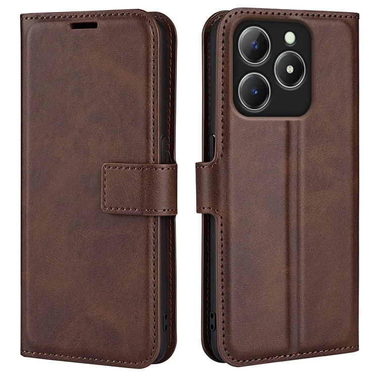 Para Realme C63 4G Stand Case Calf Texture Scratch-Proof Leather Phone Cover - Marrom