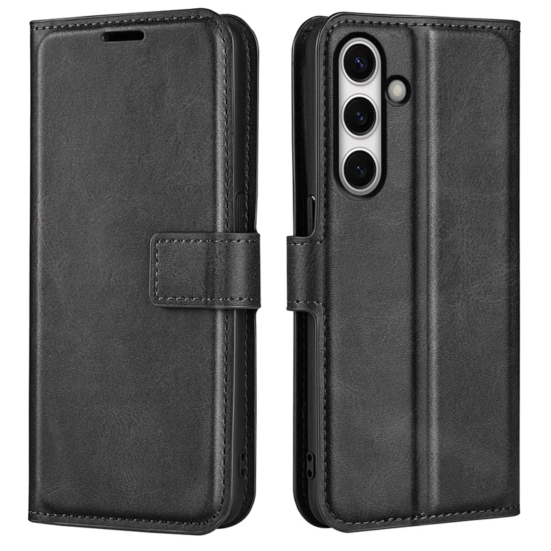 For Samsung Galaxy S24 FE Stand Case Calf Texture Anti-Scratch Leather Phone Cover - Black