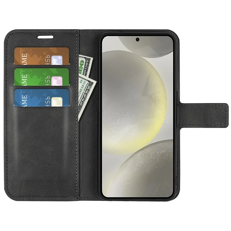 For Samsung Galaxy S24 FE Stand Case Calf Texture Anti-Scratch Leather Phone Cover - Black