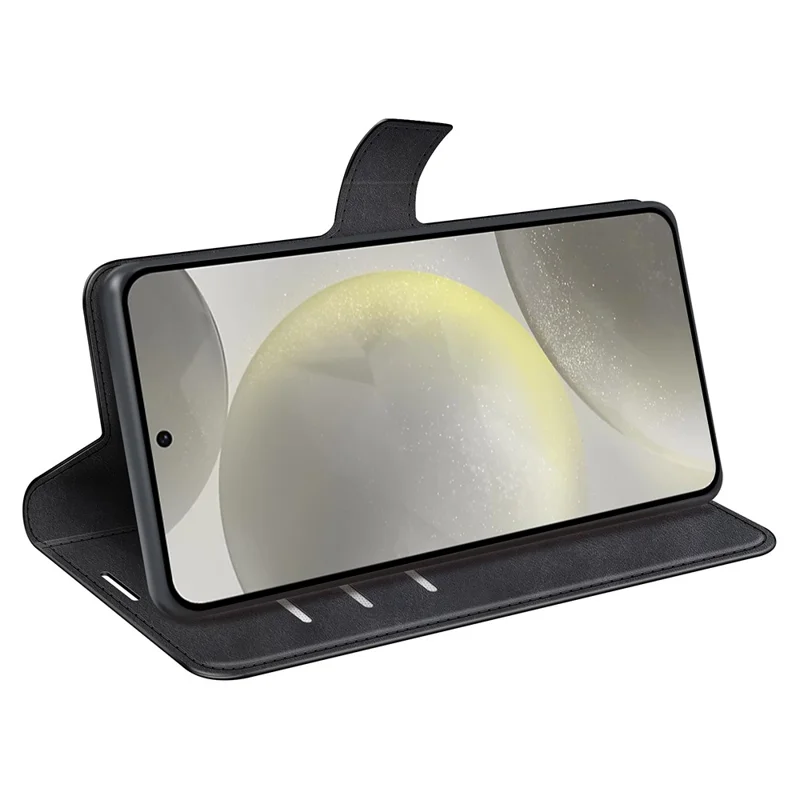 For Samsung Galaxy S24 FE Stand Case Calf Texture Anti-Scratch Leather Phone Cover - Black