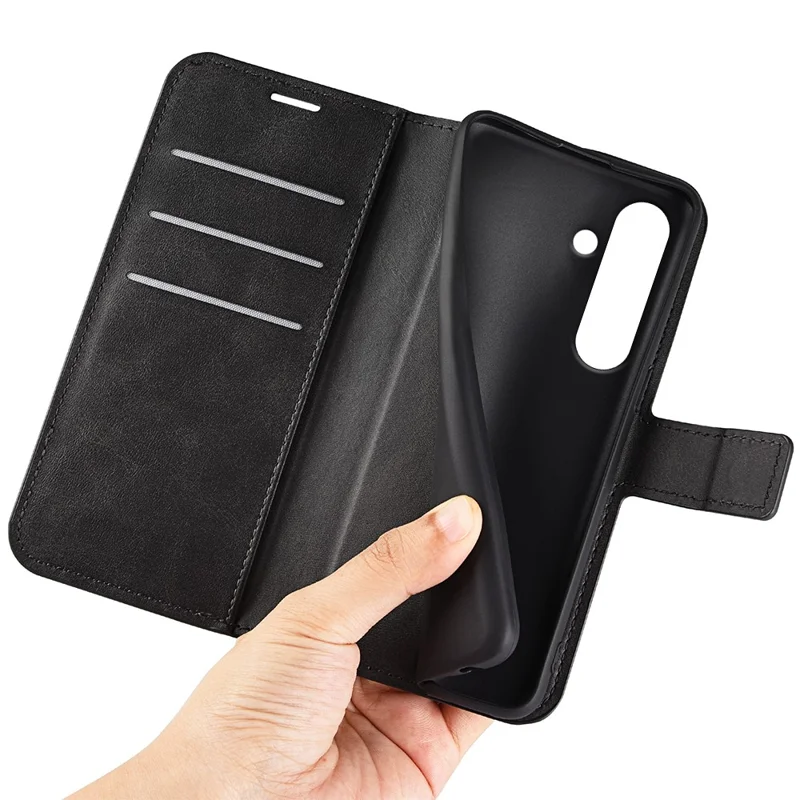 For Samsung Galaxy S24 FE Stand Case Calf Texture Anti-Scratch Leather Phone Cover - Black