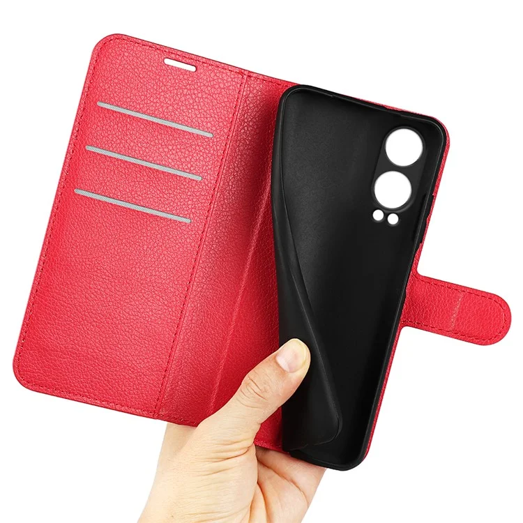 Para OnePlus Nord CE4 Lite 5G / Oppo K12x 5G (China) Capa de Telefone Textura de Litchi Capa de Carteira de Couro à Prova de Choque - Vermelho