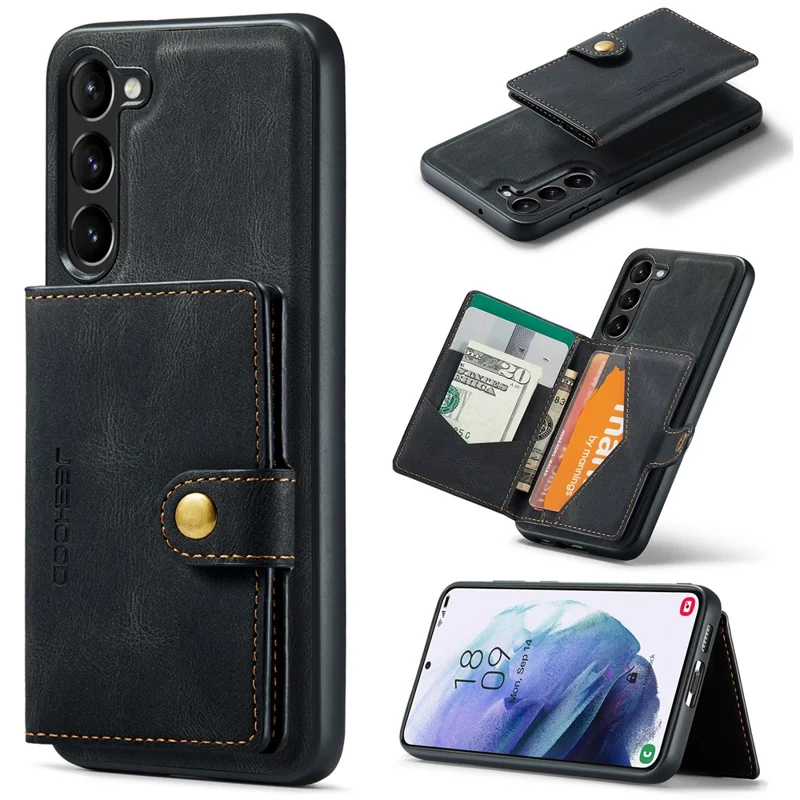 JEEHOOD J01 For Samsung Galaxy S23 Case Leather Back Cover with Detachable Card Holder Pocket - Black