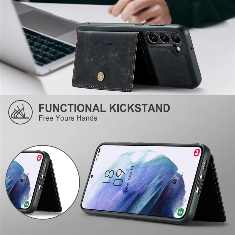 JEEHOOD J01 For Samsung Galaxy S23 Case Leather Back Cover with Detachable Card Holder Pocket - Black