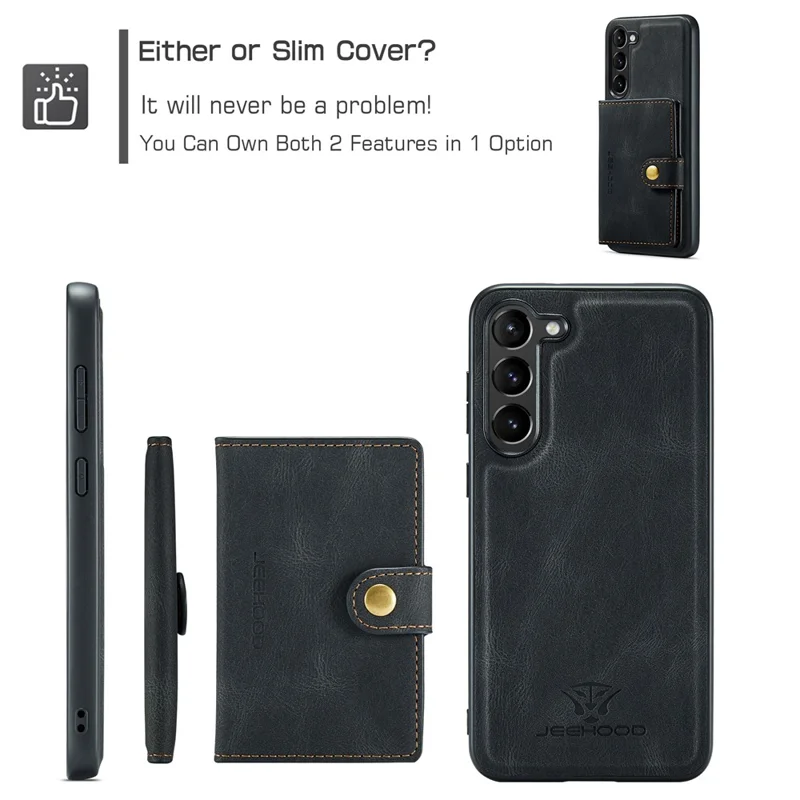 JEEHOOD J01 For Samsung Galaxy S23 Case Leather Back Cover with Detachable Card Holder Pocket - Black