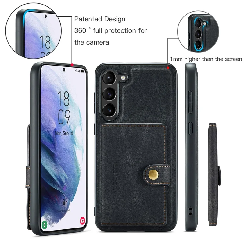 JEEHOOD J01 For Samsung Galaxy S23 Case Leather Back Cover with Detachable Card Holder Pocket - Black