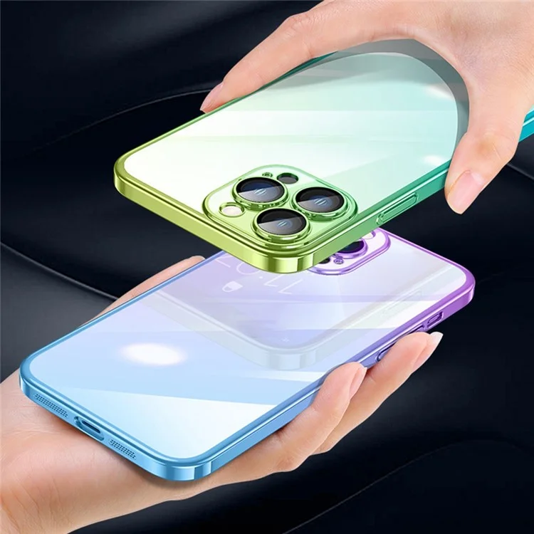 For iPhone 14 Pro Gradient Color Hard PC Case Dust-proof Electroplating Back Cover - Gradient Cyan Green