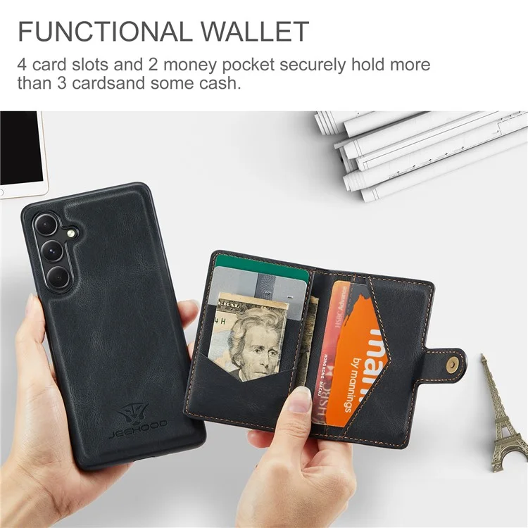 JEEHOOD J01 para Samsung Galaxy A14 4G / 5G Funda de Cuero + TPU con Soporte Plegable Cubierta de Teléfono 2 en 1 Desmontable - Negro