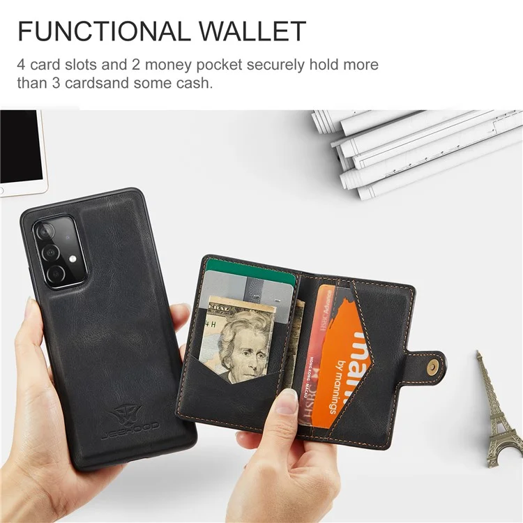 JEEHOOD J01 Pour Samsung Galaxy A52 4G / 5G / A52s 5G Étui en cuir + Étui de téléphone amovible TPU avec porte-cartes - Noir