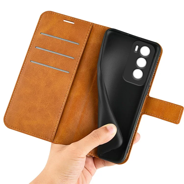 Pour Oppo Reno12 5G (Global) Stand Case Anti-Scratch Calf Texture Leather Phone Cover - Jaune