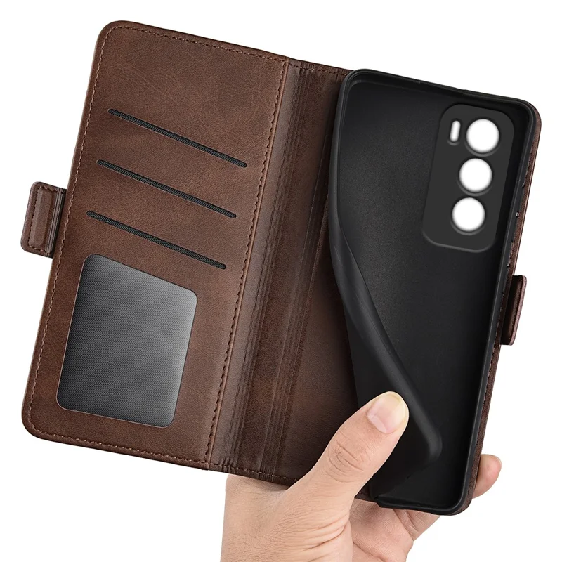 For Oppo Reno12 5G (Global) Phone Case Calf Texture Leather Stand Wallet Cover - Brown