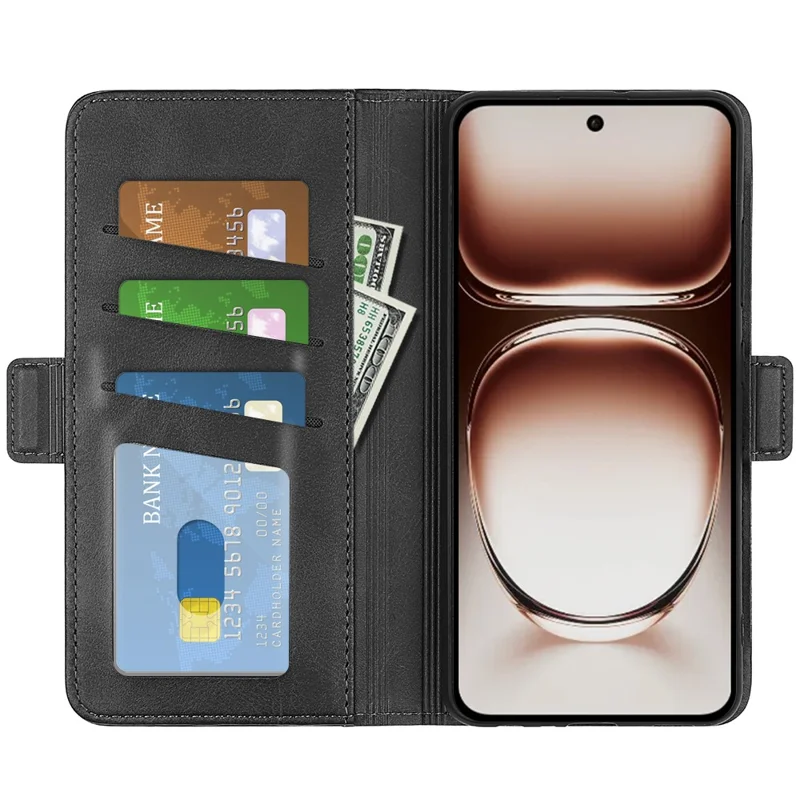 For Oppo Reno12 5G (Global) Phone Case Calf Texture Leather Stand Wallet Cover - Black