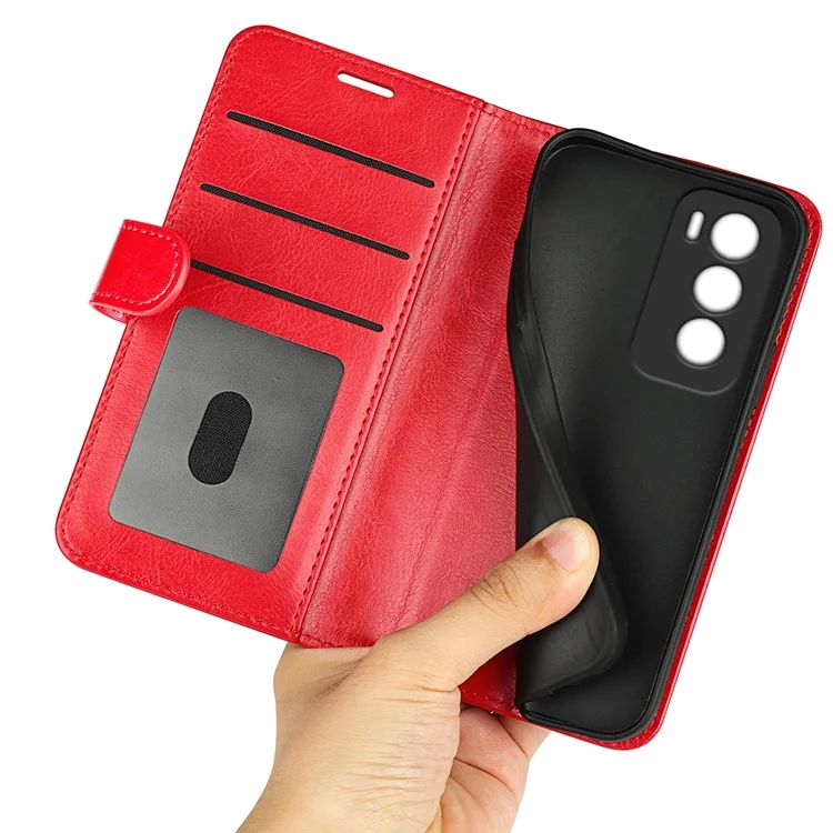 Para Oppo Reno12 5G (Global) Leather Case Crazy Horse Texture Stand Wallet Phone Cover - Vermelho