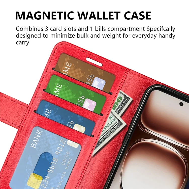 Para Oppo Reno12 5G (Global) Leather Case Crazy Horse Texture Stand Wallet Phone Cover - Vermelho