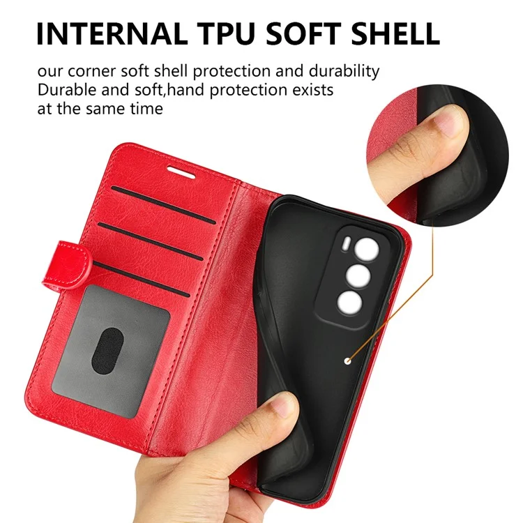Para Oppo Reno12 5G (Global) Leather Case Crazy Horse Texture Stand Wallet Phone Cover - Vermelho