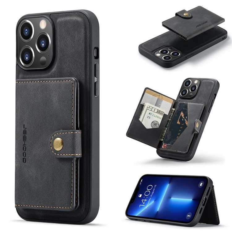 JEEHOOD J01 Para iPhone 13 Pro Capa de Couro+TPU Capa de Telefone Porta-Cartão Destacável Magnético - Preto